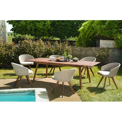 Salon de jardin bois acacia table de jardin extensible 180/240x100cm + 6 fauteuils rotin synthétique avec coussins SUMMER PIER IMPORT