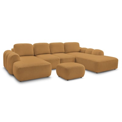 Canapé panoramique convertible 5 places en tissu bouclette avec pouf, MONTAIGNE BOBOCHIC