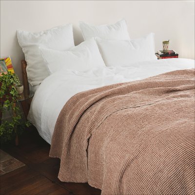 Couvre-lit coton et lin, DECO ESPRIT NID D'ABEILLE BLANC CERISE