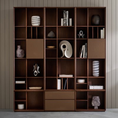 Caisson bas 2 tiroirs, noyer et cuir, Mikube AM.PM