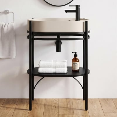 Meuble simple vasque sur pieds 55cm en métal noir et vasque béton et robinet noir LUCIA MOB IN