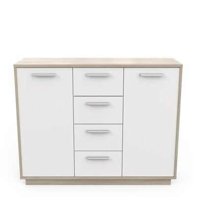 Buffet 2 portes 4 tiroirs, décor bois et blanc L113 cm - Léo CALICOSY