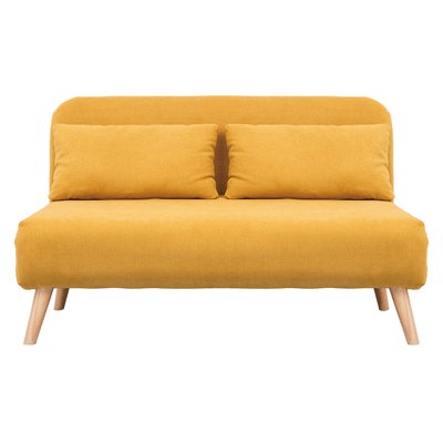 Chauffeuse 2 places convertible en tissu effet velours texturé beige et bois clair AMIKO MILIBOO