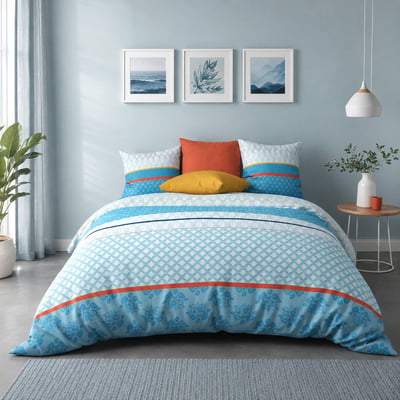 Parure housse de couette imprimée coton avec taie(s), Eva Blue C DESIGN HOME TEXTILE