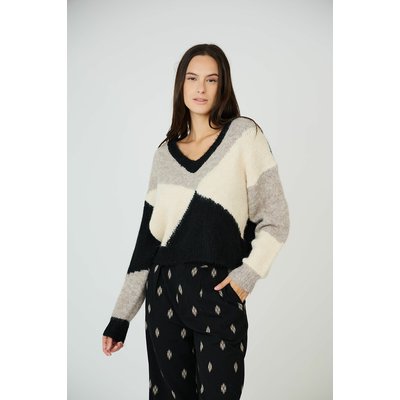 Chunky Knit Jumper in Geometric Print with V-Neck SEE U SOON