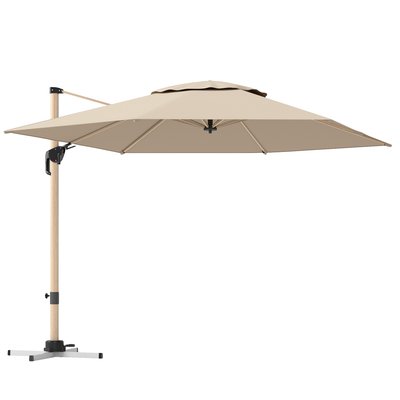 Parasol déporté hexagonal inclinable pivotant alu effet bois polyester anti-UV UPF50+ kaki OUTSUNNY