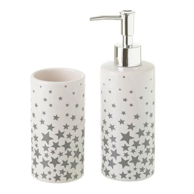 Set salle de bain blanc et étoiles grises - Distributeur Savon + Verre WADIGA