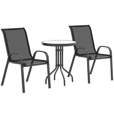 Ensemble bistro de jardin 3 pièces acier textilène noir plateau verre OUTSUNNY