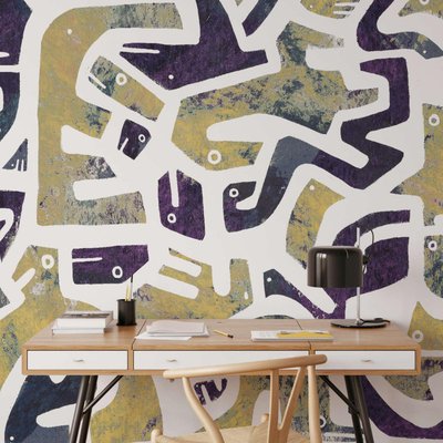 Papier peint panoramique avec caméléons abstrait jaunes et bleus - 170x260 cm (l x h) LA TOUCHE ORIGINALE