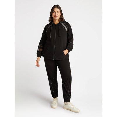 Sweat avec empiècements en tulle sur les manches, zip, capuche, broderie strass sur le devant FIORELLA RUBINO