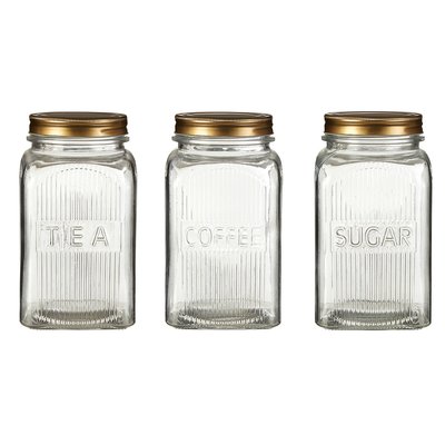 Set of 3 Embossed Glass Tea Coffee Sugar Jars with Gold Lids SO'HOME