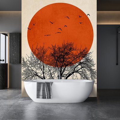 Papier peint graphique soleil rouge HEXOA