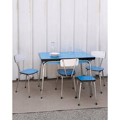 Ensemble de table et chaises en formica bleu et blanc  Ange N°26 - Bon état DEBONGOUT