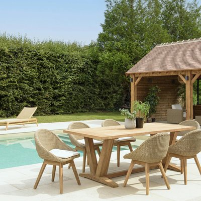 Salon de jardin teck naturel 1 table pieds en V 220 cm + 6 chaises arrondies résine tressée MANY PIER IMPORT