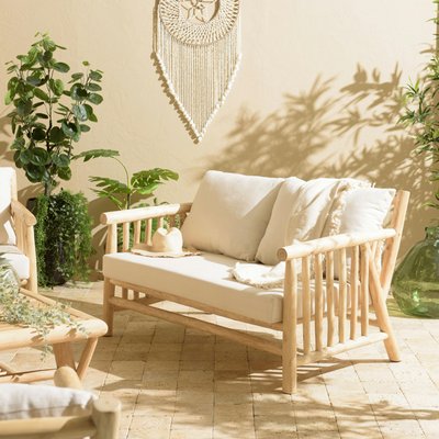 Canapé 2 places rondins de teck naturel et coussins blancs MANAK PIER IMPORT