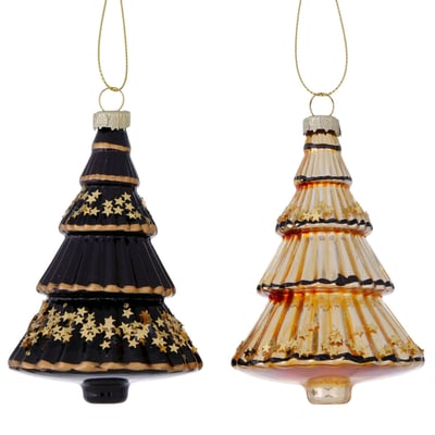 Set de 2 boules de Noël en verre laqué sapins noir et doré 7x7x11cm WADIGA