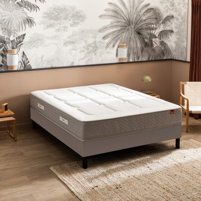 Ensemble matelas ressorts ensachés, mémoire de forme et laine L’ESCAPADE, sommier confort médium et pieds EPEDA