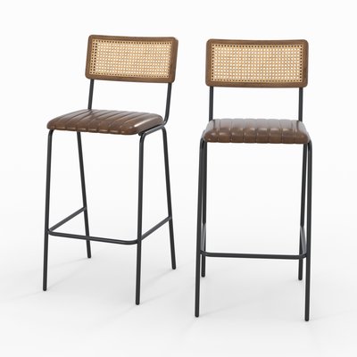 Lot de 2 chaises de bar 76 cm en cannage et cuir - ARSÈNE RENDEZ-VOUS DÉCO
