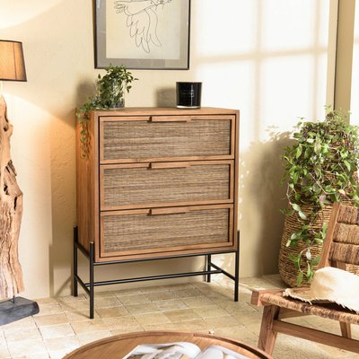 Commode en teck recyclé 3 tiroirs tressage coco SWING PIER IMPORT