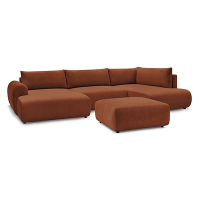 Canapé panoramique convertible 6 places en tissu lisse avec pouf, LUCIEN BOBOCHIC