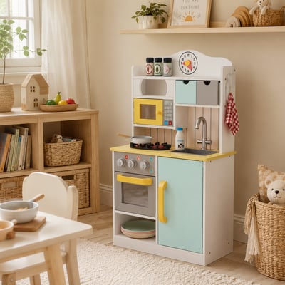 Cuisine Enfant avec four, évier et jeux, Bois, FLORENCE TEAMSON KIDS