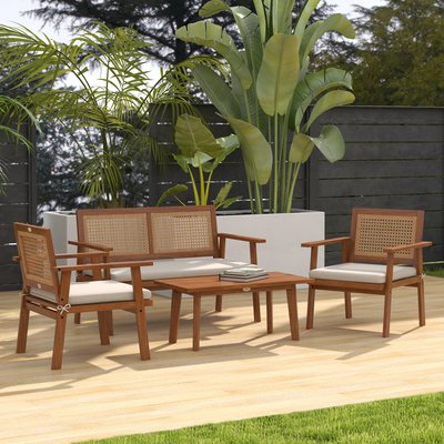 Ensemble salon de jardin 4 places 4 pièces style colonial bois aspect rotin OUTSUNNY