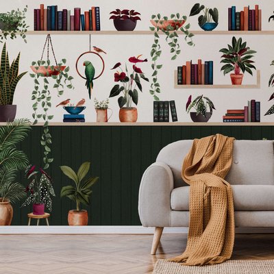 Papier peint panoramique avec pots de fleurs, plantes et livres - 85x260 cm (l x h) LA TOUCHE ORIGINALE