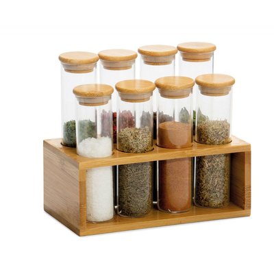 Set de 8 Pots à Épices en Verre et support en Bambou - 18,5x10x16,5cm WADIGA