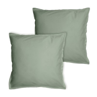 Set de 2 taies d’oreiller unies à volant, COTON LAVÉ MATT ET ROSE