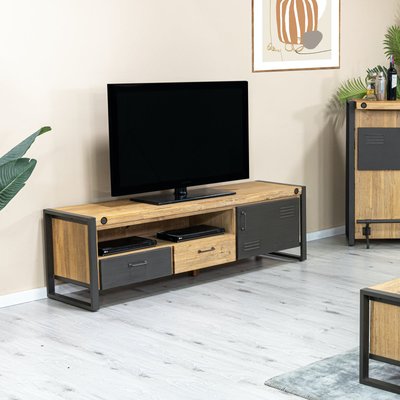 Meuble TV 165cm bois et métal boulons 1 porte 2 tiroirs 1 niche style industriel BROOKLYN PIER IMPORT