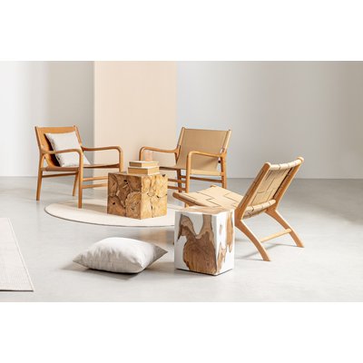Fauteuil lounge à accoudoirs en bois teck et cuir pleine fleur - LIAM HELLIN, DEPUIS 1862