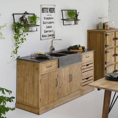 Meuble bas de cuisine en bois recyclé et pierre bleue  ROMAIN MADE IN MEUBLES 
