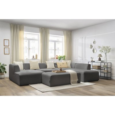 Canapé panoramique fixe 6 places en tissu bouclette avec pouf, MEGEVE BOBOCHIC