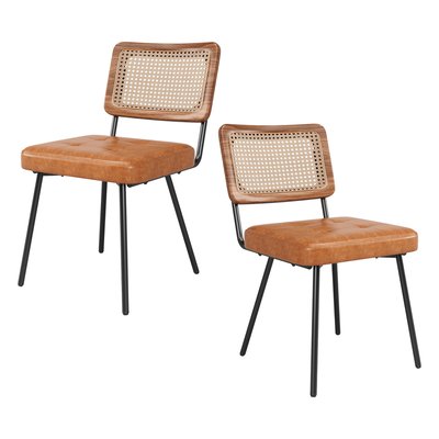Lot de 2 chaises de salle à manger en simili cuir avec dossier en rotin PE style rétro moderne, KAROMIR MEUBLES COSY