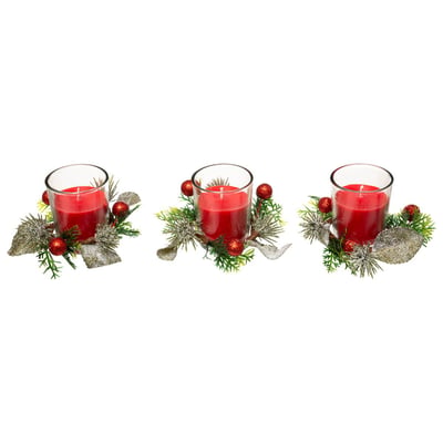 Bougie trio centre de table avec feuilles décos 180 gr rouge FEERIC LIGHTS & CHRISTMAS