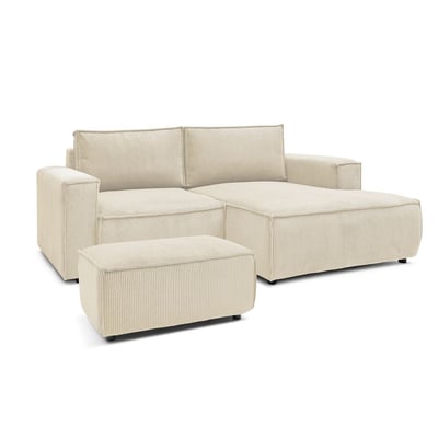 Canapé d'angle fixe 3 places en velours côtelé avec pouf, NIHAD BOBOCHIC