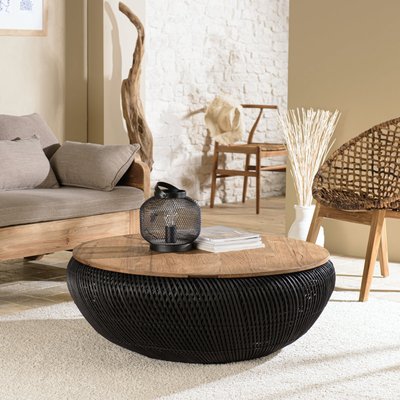 Table basse coffre ronde rotin noir et teck recyclé 100 cm SWING PIER IMPORT