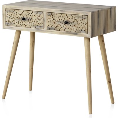 Console en bois naturel finition greywash avec tiroirs sculptés RECOLLECTION