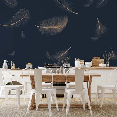 Papier peint plumes sur bleu HEXOA