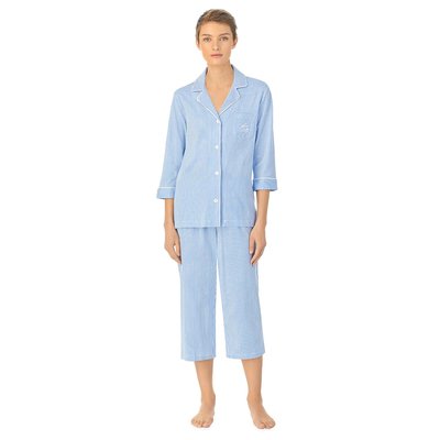 Пижама длинная в полоску из хлопка, рукава 3/4 LAUREN RALPH LAUREN