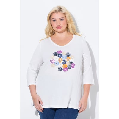 T-shirt à fleurs, col en V et manches 3/4 ULLA POPKEN