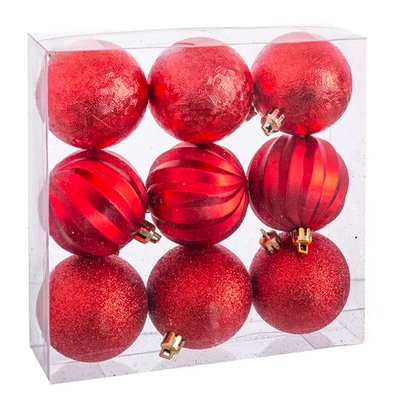 Set de 9 boules de Noël rouges taillées - 6cm WADIGA