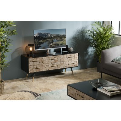 Meuble TV 120cm bois sapin motif nid d'abeille 6 tiroirs noir et naturel style vintage RIGA PIER IMPORT