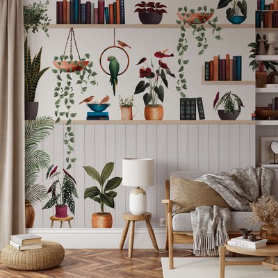 Papier peint panoramique avec pots de fleurs, plantes et livres - 85x260 cm (l x h) LA TOUCHE ORIGINALE