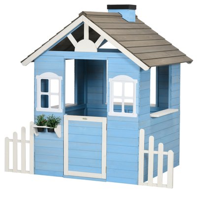 Maisonnette de jeux enfant - bois sapin bleu blanc gris OUTSUNNY