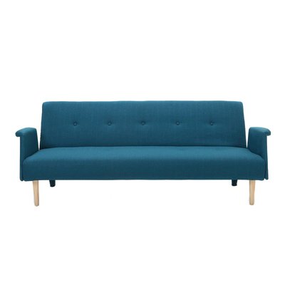 Canapé convertible scandinave 3 places en tissu bleu canard et bois clair OSCAR MILIBOO