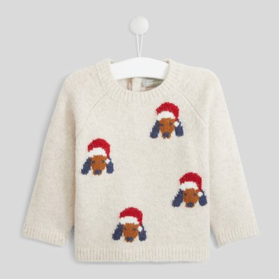 Pull manches longues col rond en jacquard avec motifs chiens, certifié OEKO-TEX BOUT'CHOU