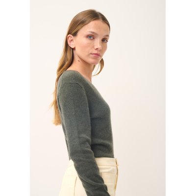 JOAN pull col v kaki chiné en cachemire JUST CASHMERE