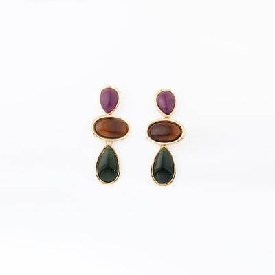 Boucles d'oreilles 3 cabochons violet, marron et vert BALABOOSTE