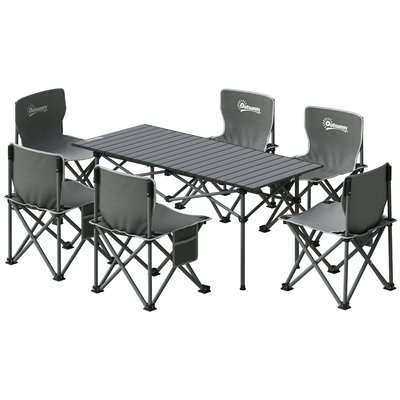 Ensemble table et 6 chaises camping pliables avec sacs de transport gris OUTSUNNY